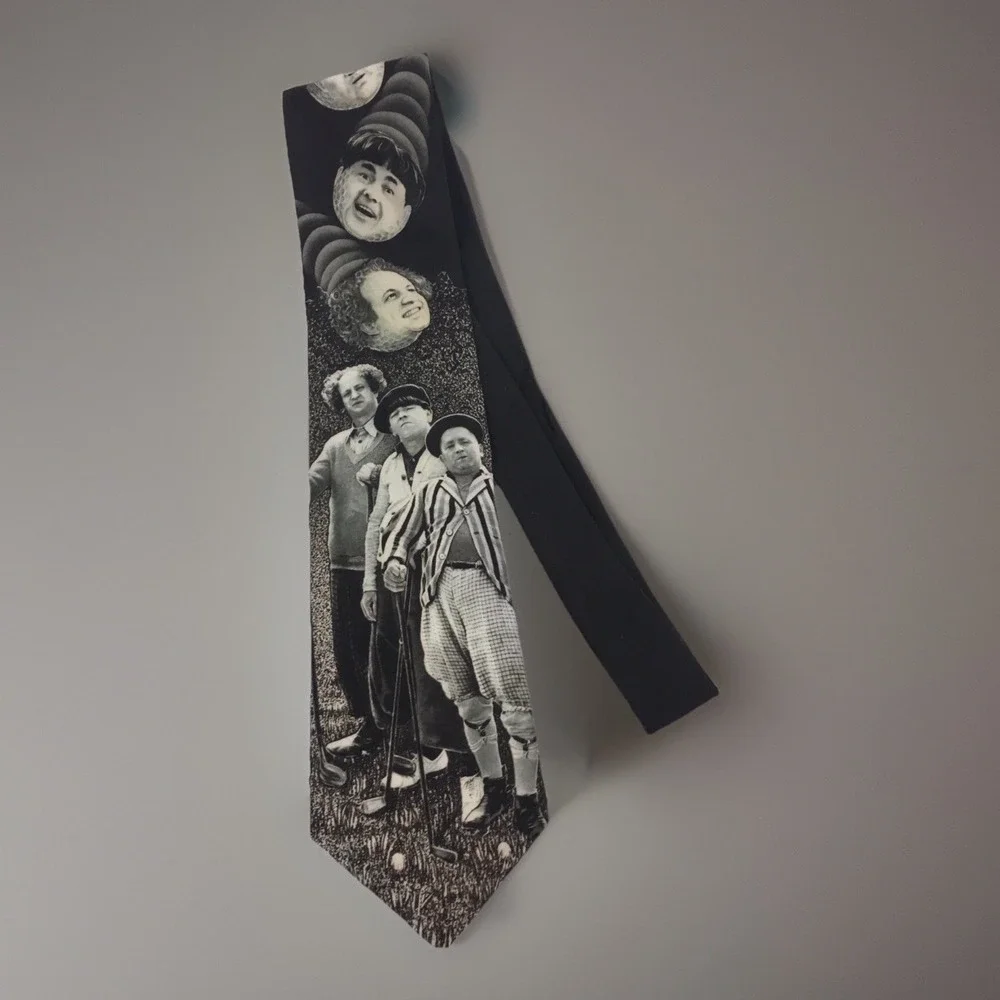 Ralph Marlin Mens Three Stooges Golfing Necktie Black White Larry Moe Curly 1995